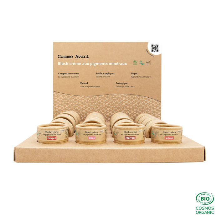Présentoir de 16 blushs aux pigments minéraux + 4 testeurs offerts Blush crème