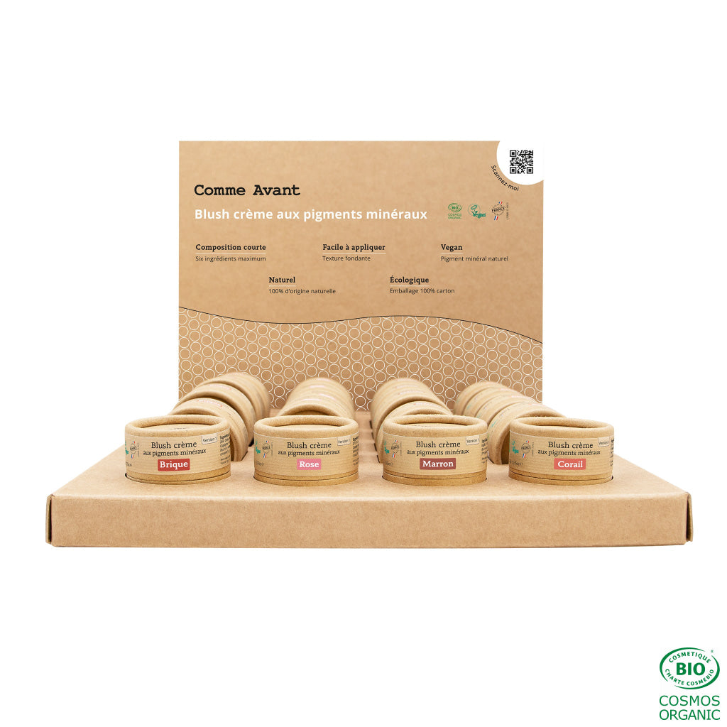 Présentoir de 16 blushs aux pigments minéraux + 4 testeurs offerts Blush crème