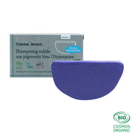 Shampoing solide bleu aux pigments bleu ultramarine comme avant