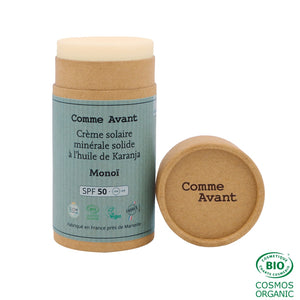 Crème solaire minérale solide SPF50 à l'huile de Karanja - Parfum Monoï